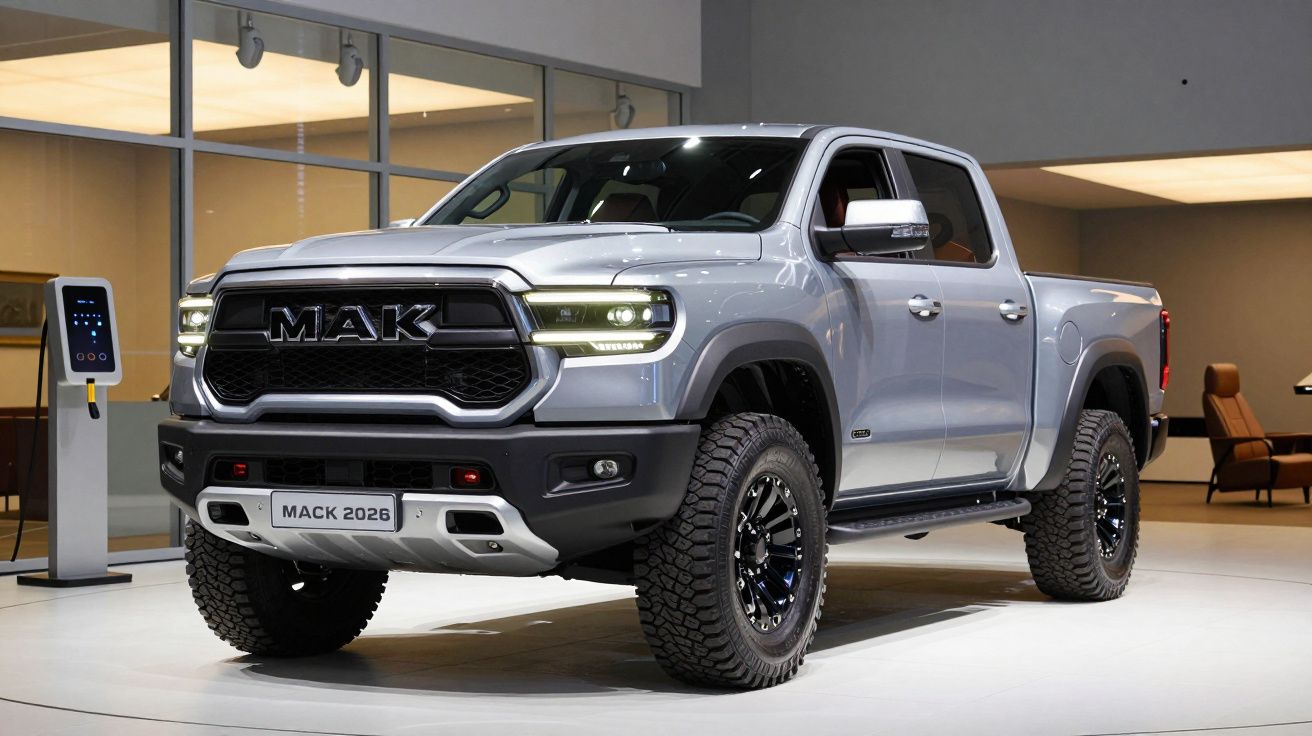 Camião cinza moderno em exposição num salão de automóveis iluminado.