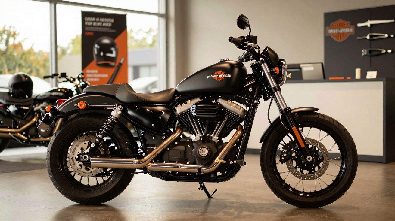 Moto Harley-Davidson preta exposta num showroom com fundo de acessórios temáticos e luz suave.