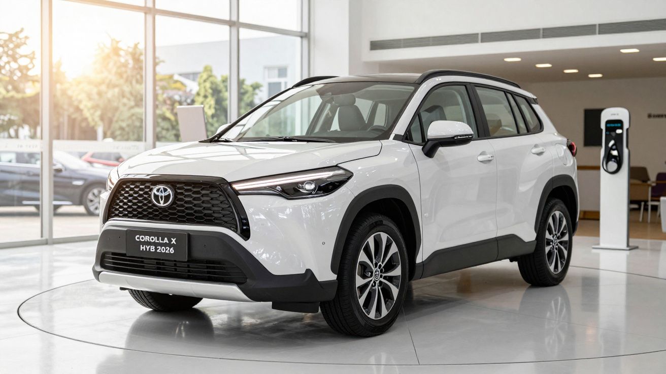 Carro branco Toyota Corolla X híbrido 2026 em exposição num salão automóvel moderno.