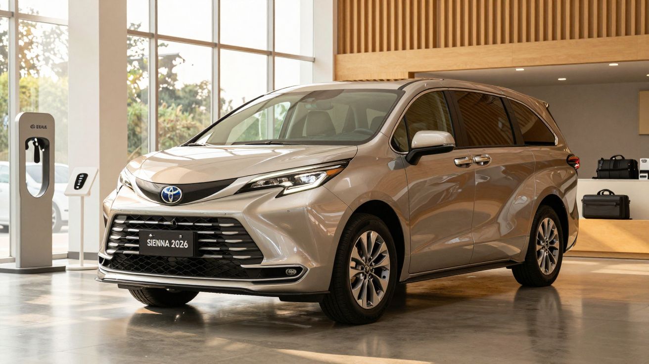 Minivan Toyota Sienna 2026 prateada, estacionada em showroom com amplas janelas e estação de carregamento elétrica.
