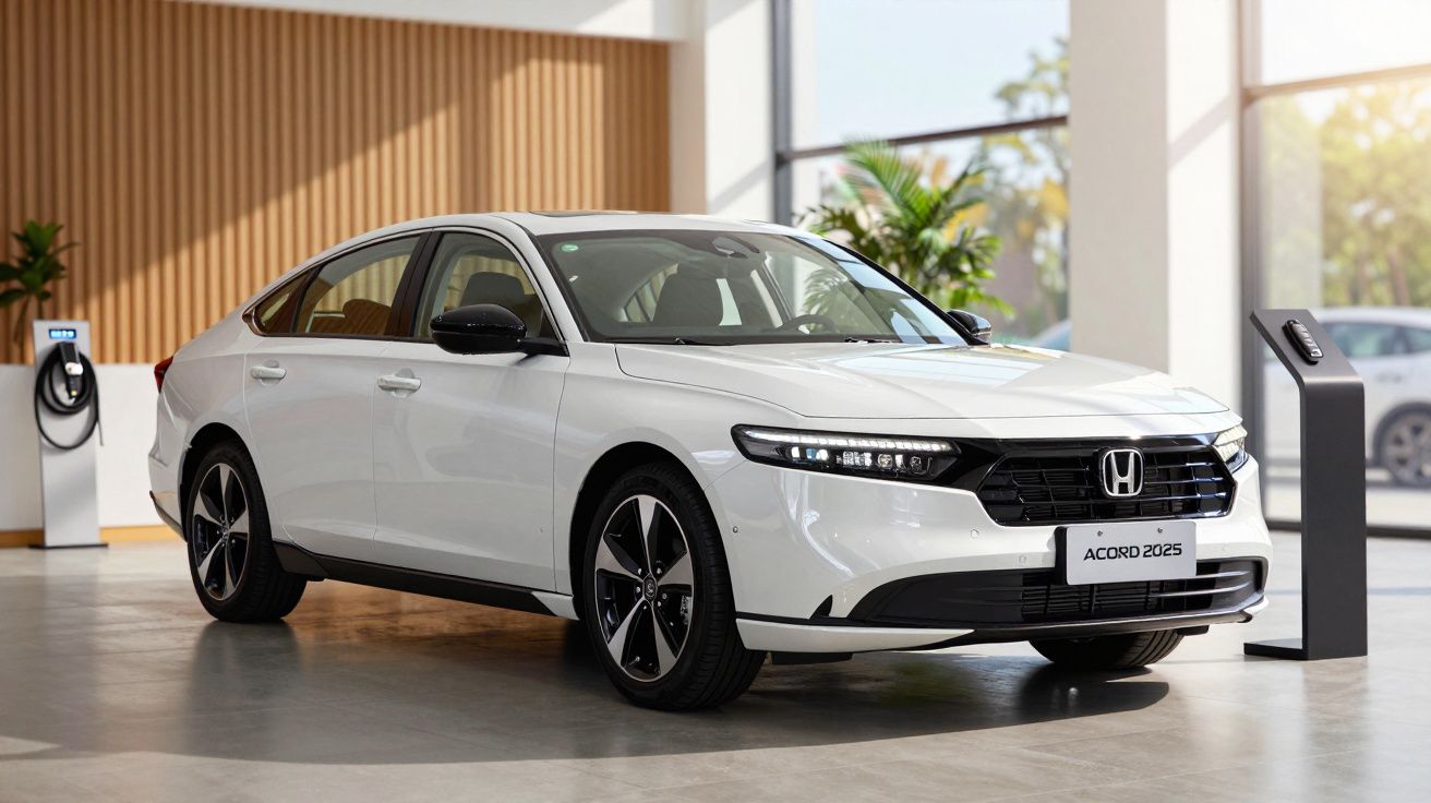 Carro sedan branco em showroom moderno com luz natural e carregador elétrico ao fundo.