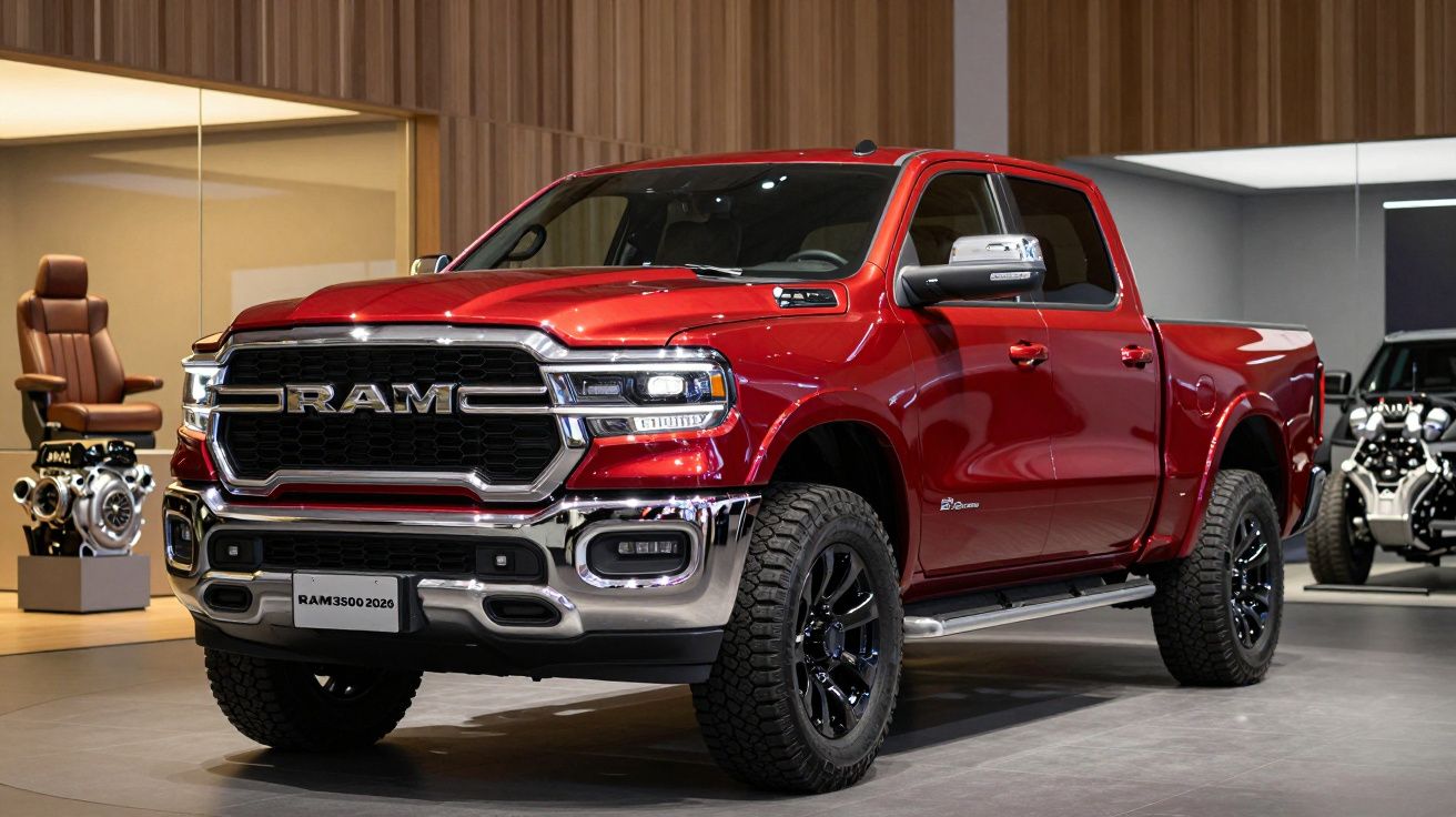 Camião de carga vermelho da marca RAM 3500 em exposição em ambiente de showroom com motores ao fundo.