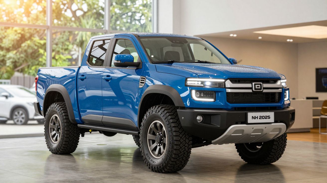 Camião azul moderno em showroom, iluminado por janelas amplas, com design robusto e matrícula NH 2025.
