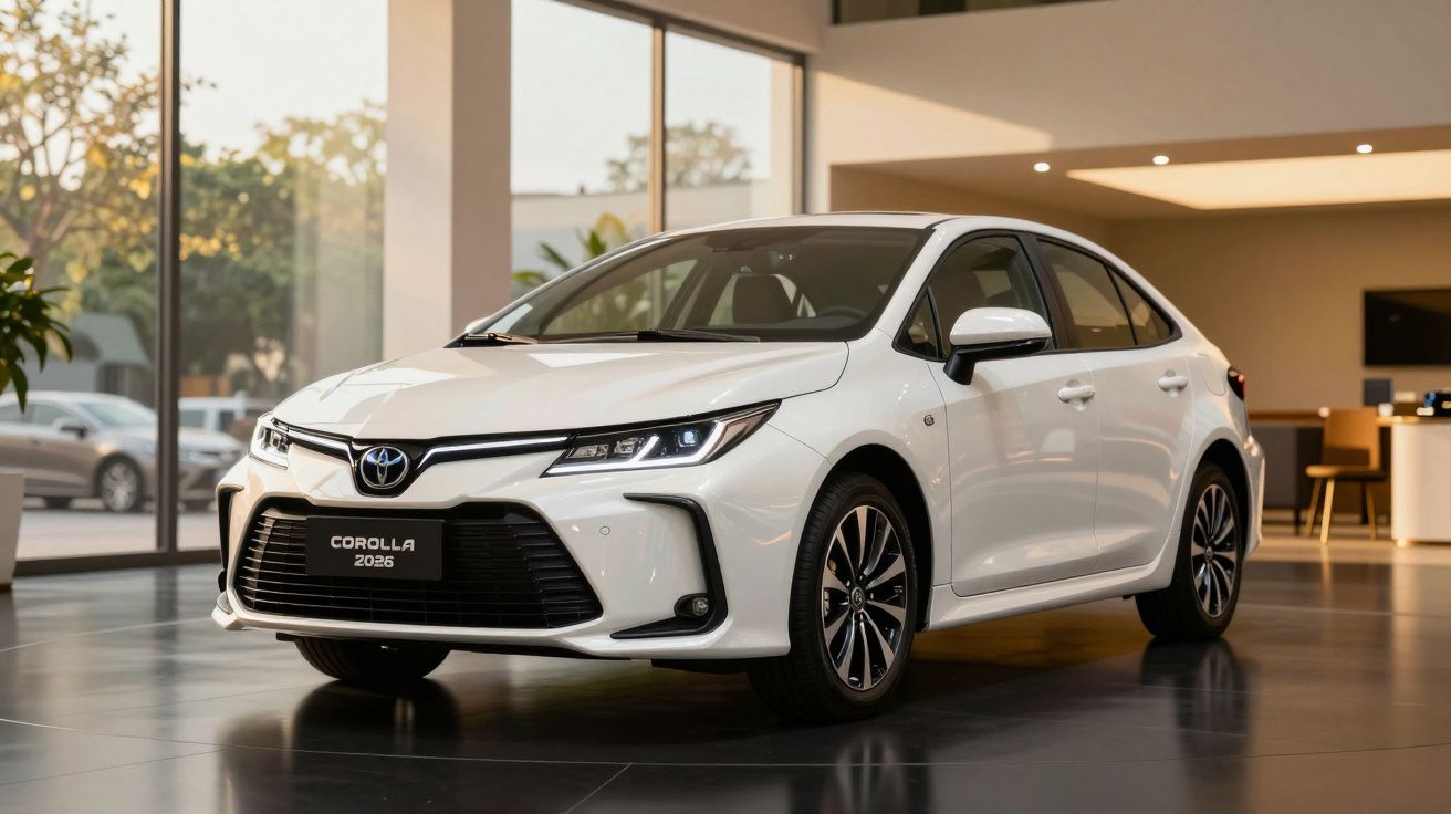 Carro Toyota Corolla 2026 branco em exposição num concessionário, com design moderno e detalhes elegantes.
