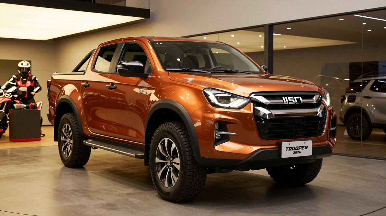 Carrinha pickup laranja exibida em showroom iluminado, com placa "Trooper 2024".