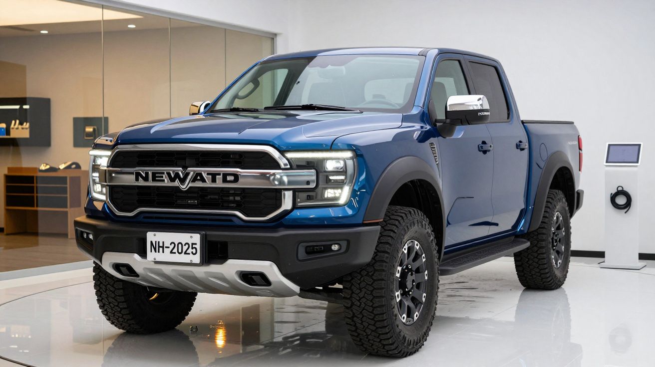 Camião pickup azul em exposição, com design robusto e moderno. Placa "NH-2025". Ambiente de showroom elegante.