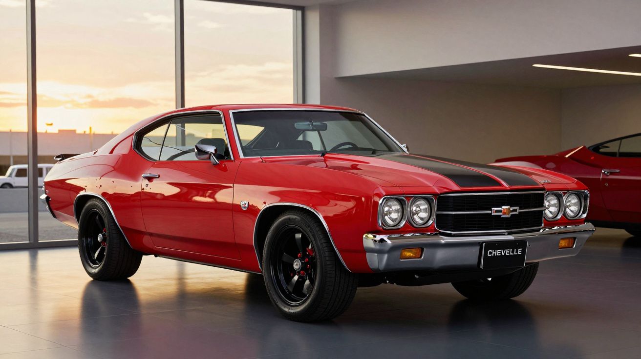 Carro clássico vermelho com detalhes pretos, estacionado dentro de uma garagem com janelas grandes ao pôr do sol.