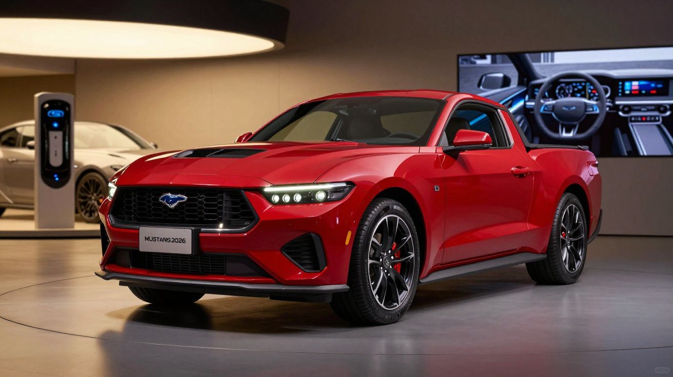 Carro vermelho desportivo em exposição numa sala moderna com luz suave e ecrã ao fundo mostrando o interior do veículo.