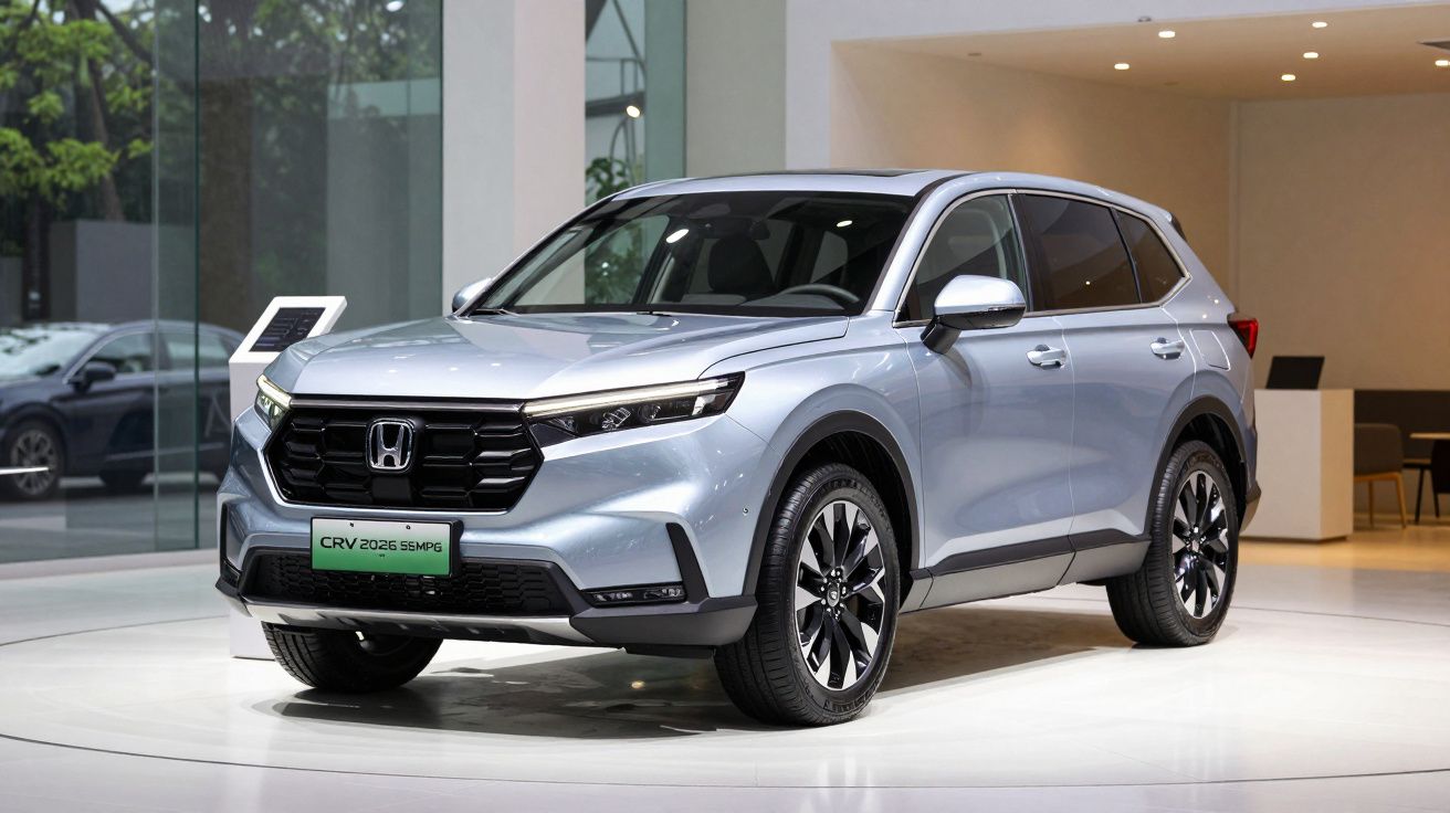 SUV prateado exposto num showroom moderno, com design elegante e iluminação suave.