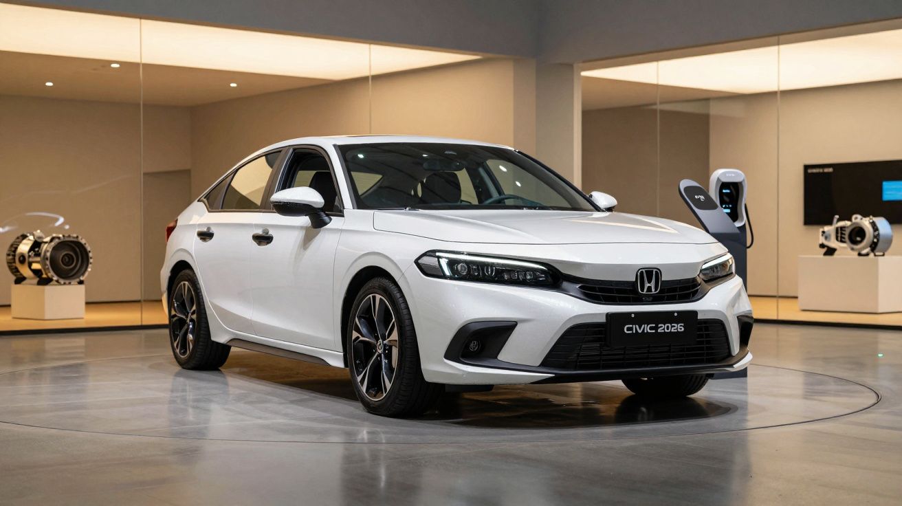 Carro Honda Civic branco exposto em showroom iluminado, rodeado por paredes de vidro com motores exibidos ao fundo.