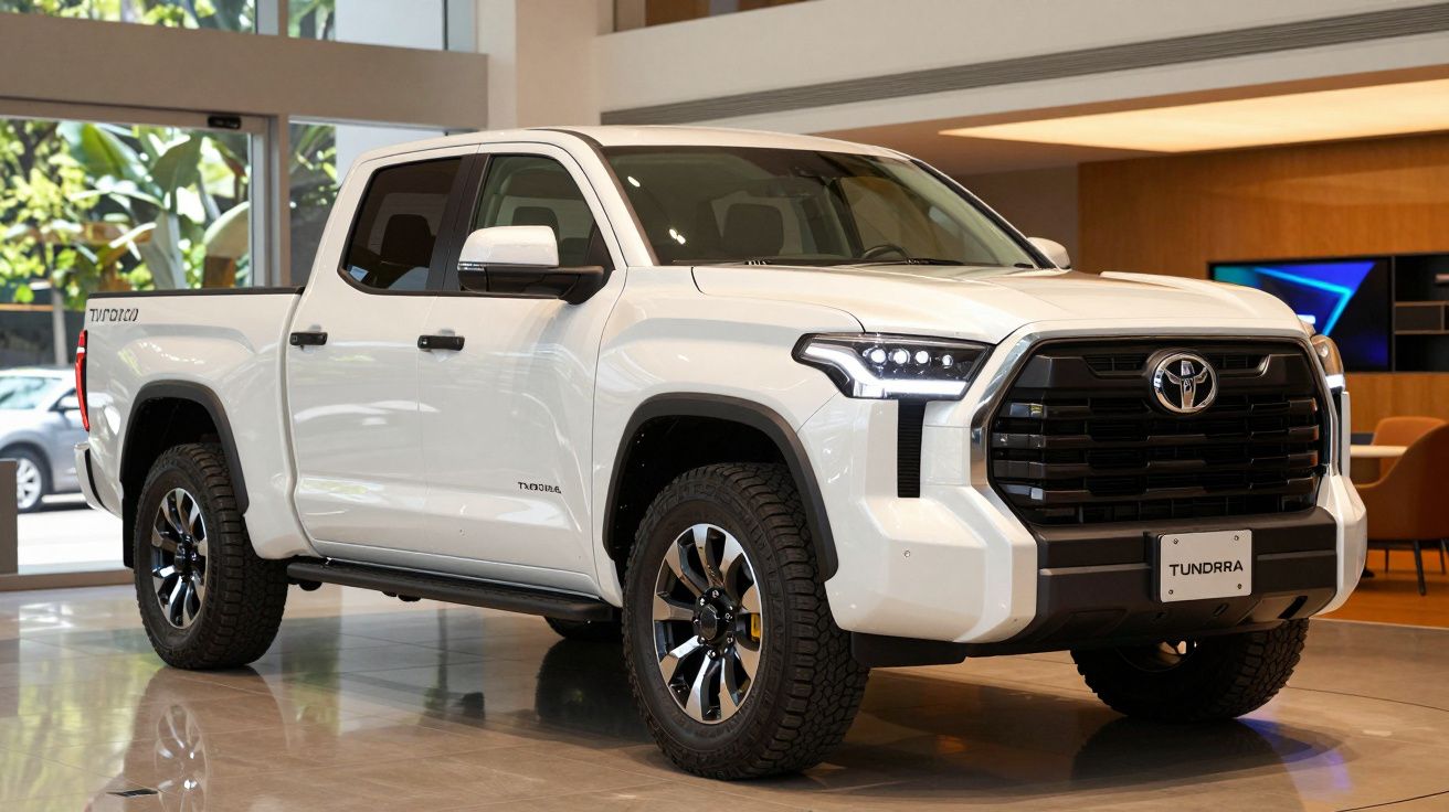 Camião Toyota Tundra branco em exposição num showroom moderno, com interior elegante e iluminação suave.