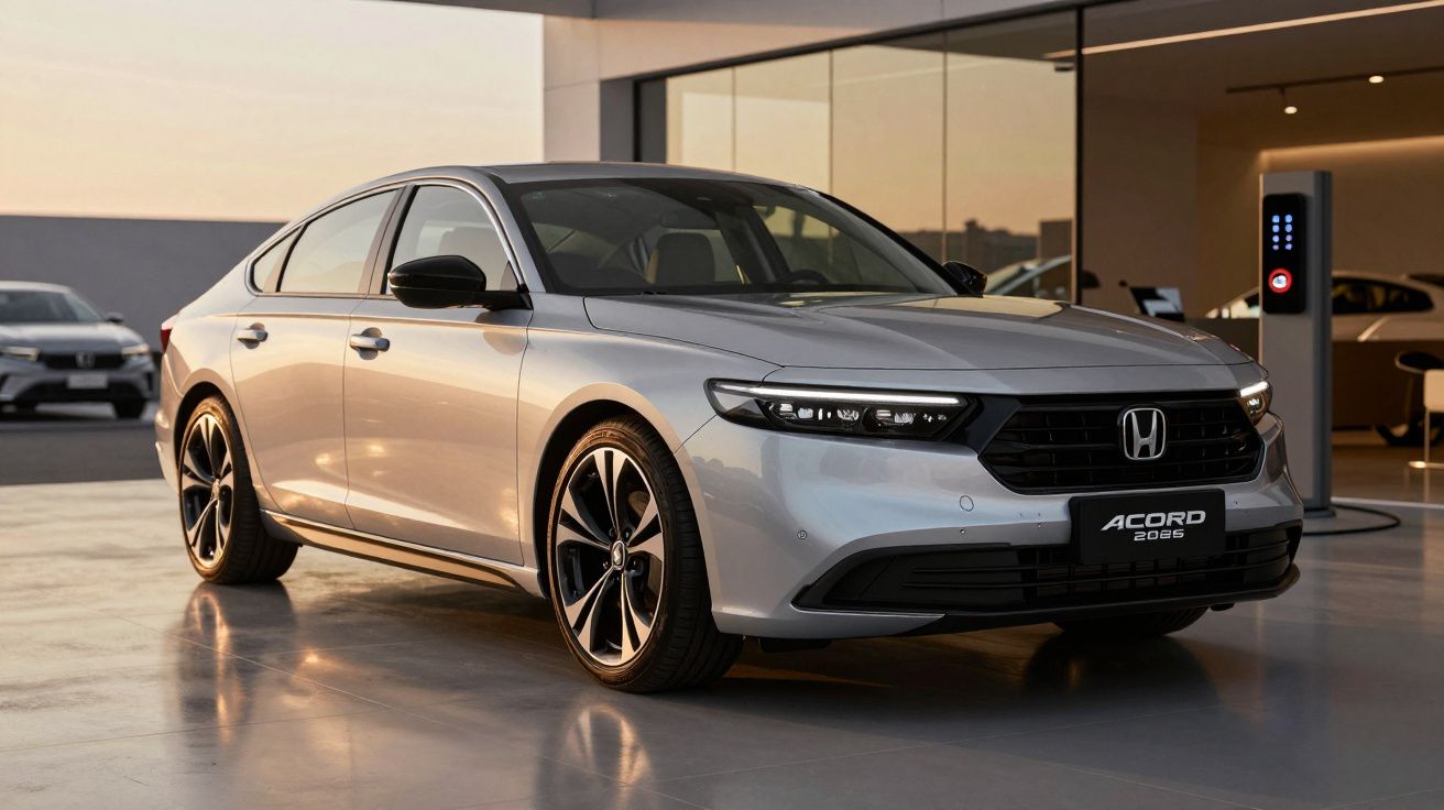 Carro Honda Accord prata estacionado numa garagem moderna, iluminado pela luz do pôr do sol.