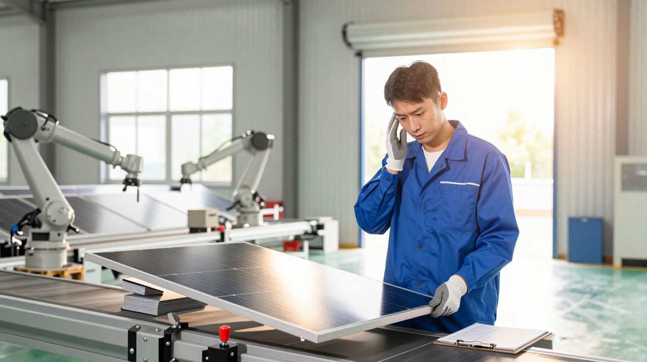 Trabalhador numa fábrica inspeciona painel solar enquanto fala ao telefone, com robôs ao fundo.