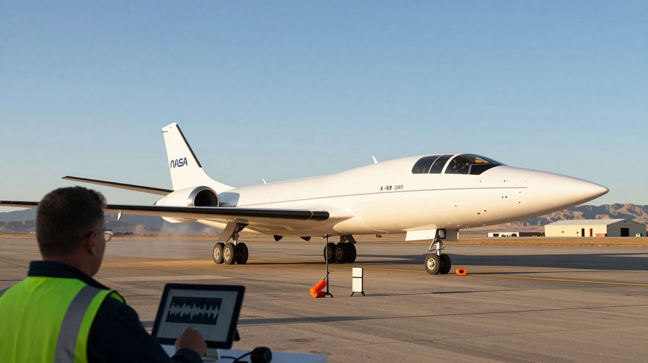 Avião experimental X-59 da NASA em pista de descolagem, homem monitoriza com equipamento ao lado.