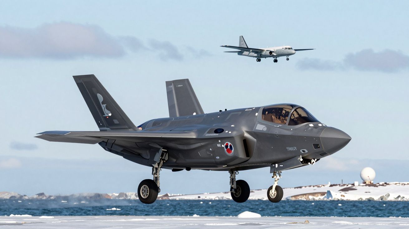 Avião militar a jato a aterrar em pista nevada, com outro avião ao fundo e céu azul.