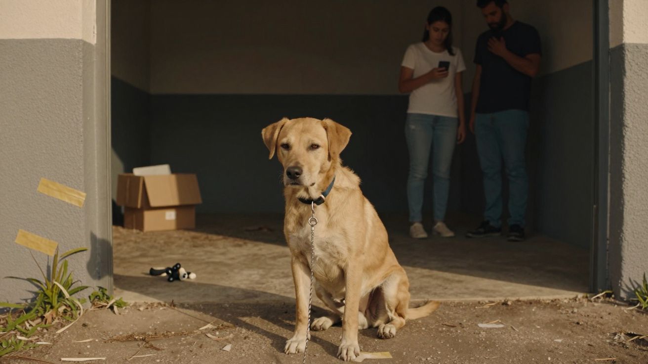 Cão amarelo sentado na entrada de uma garagem com duas pessoas ao fundo, uma caixa e uma peça no chão.