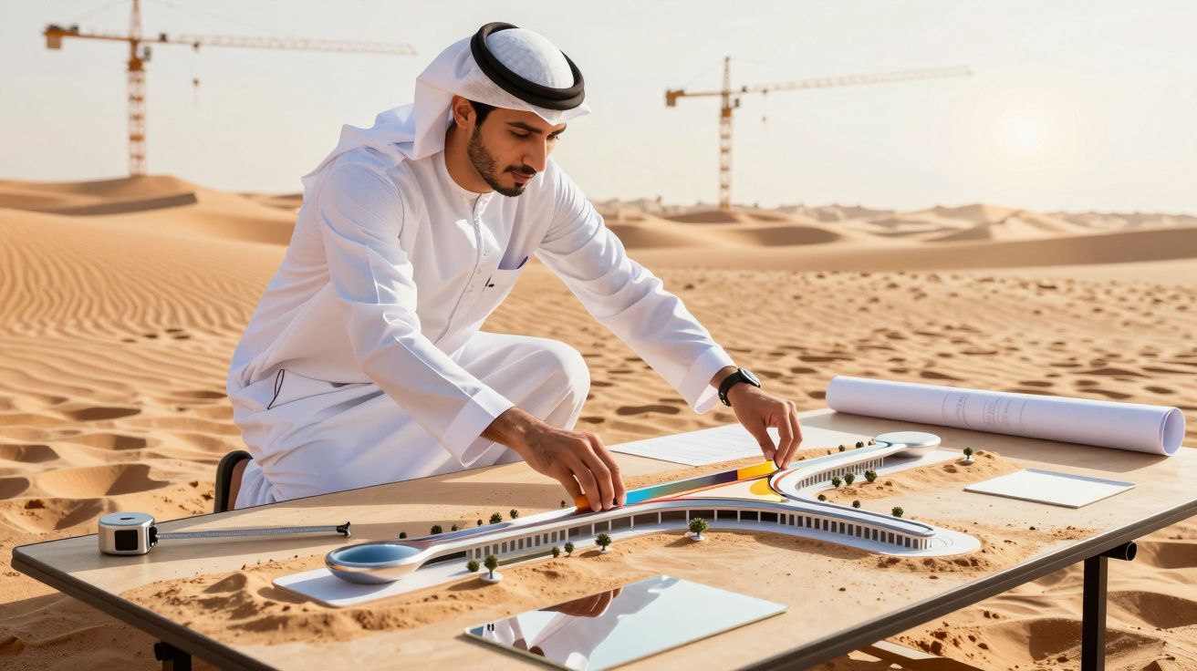 Homem em trajes tradicionais examina maquete de estrada no deserto, com guindastes ao fundo.