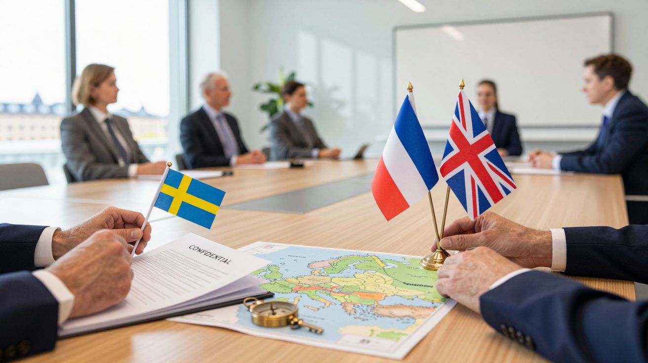 Reunião de seis pessoas numa mesa com bandeiras da Suécia, França e Reino Unido, mapa e documentos confidenciais.