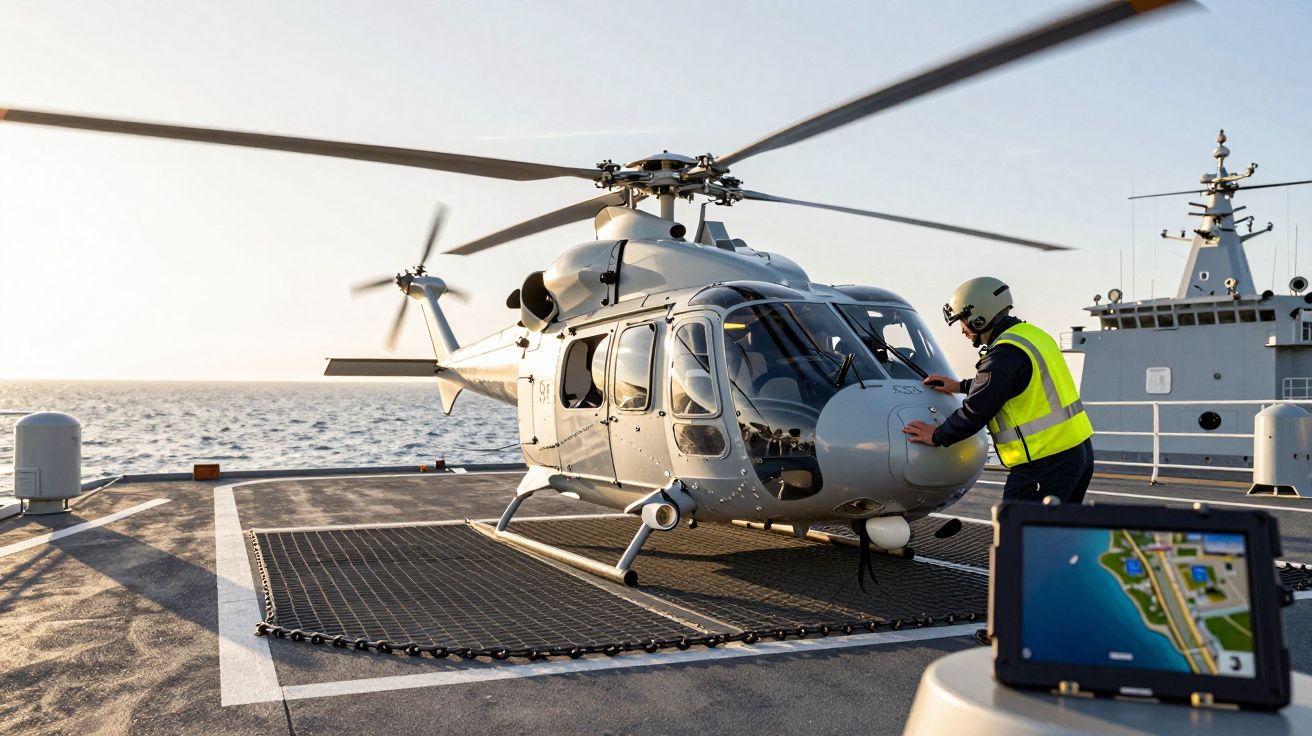 Helicóptero em porta-aviões com técnico verificando. Tablet com mapa mostra localização. Mar ao fundo.