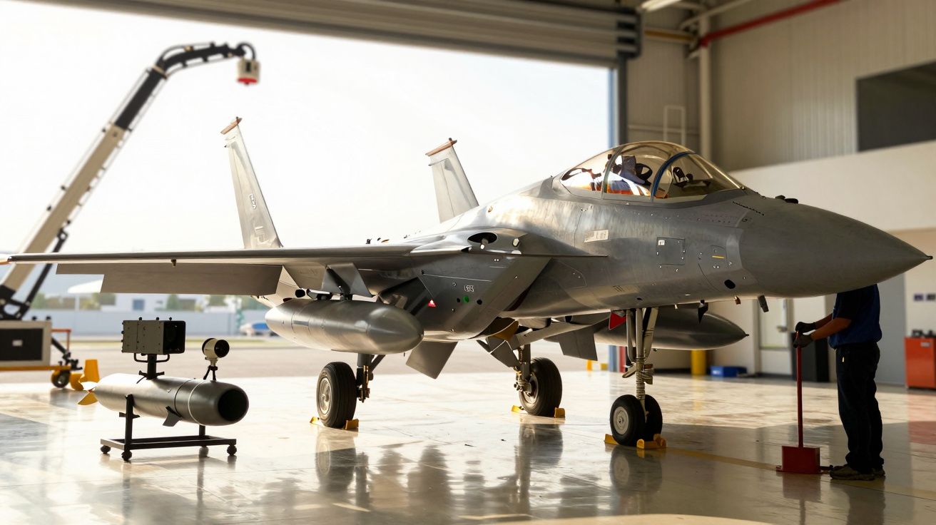 Avião de combate cinzento estacionado num hangar com um técnico ao lado.