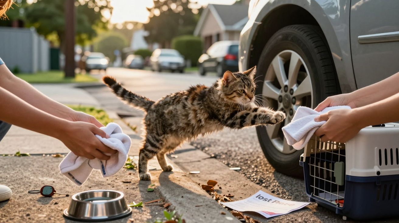 Gato listrado a saltar entre pessoas na rua, com gaiola, panos e tigela ao lado do carro estacionado.