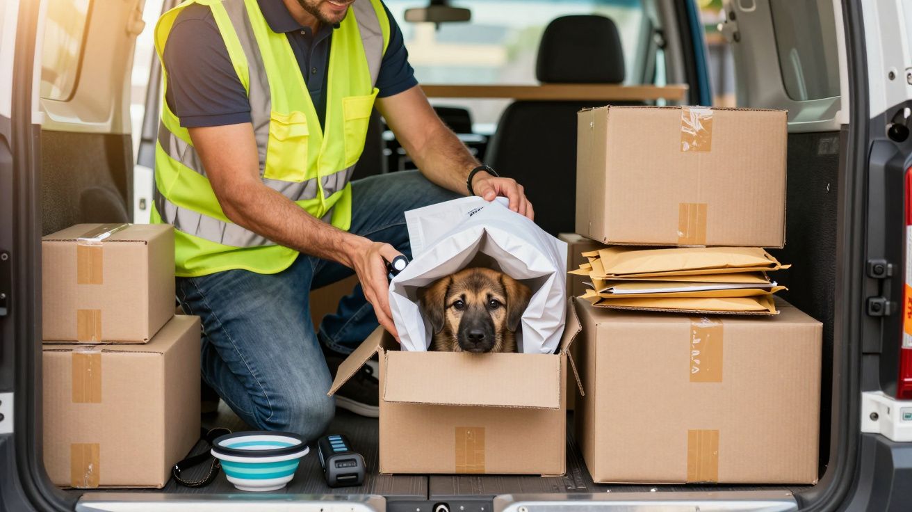 Entregador a brincar com um cão pequeno dentro de uma caixa num carro cheio de encomendas.