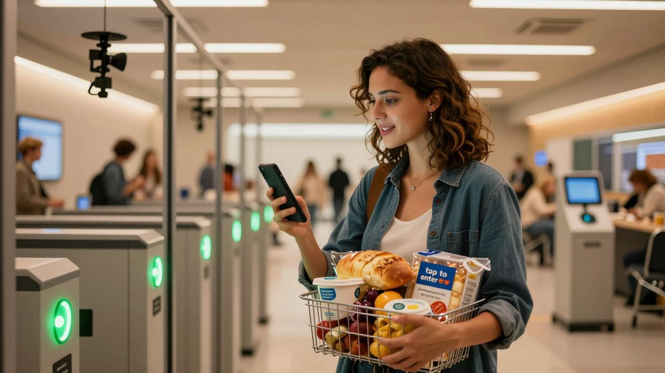 Mulher com cesto de compras num supermercado moderno usa smartphone na fila de caixas automáticas.