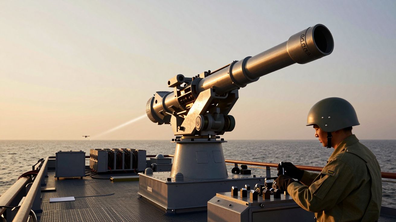 Soldado com capacete opera um canhão a laser num navio, apontando para um alvo no horizonte ao pôr do sol.