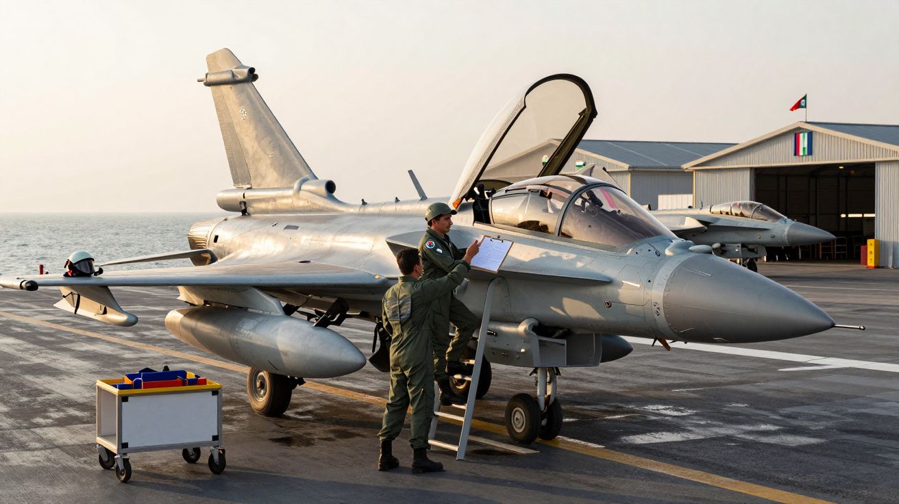 Dois militares verificam um caça cinza numa pista próxima do mar, com hangar ao fundo e o céu limpo.