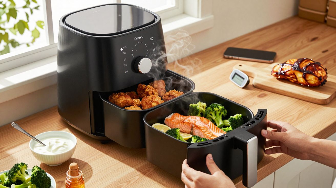 Pessoa a retirar tabuleiro de salmão e legumes de uma fritadeira de ar na bancada da cozinha.