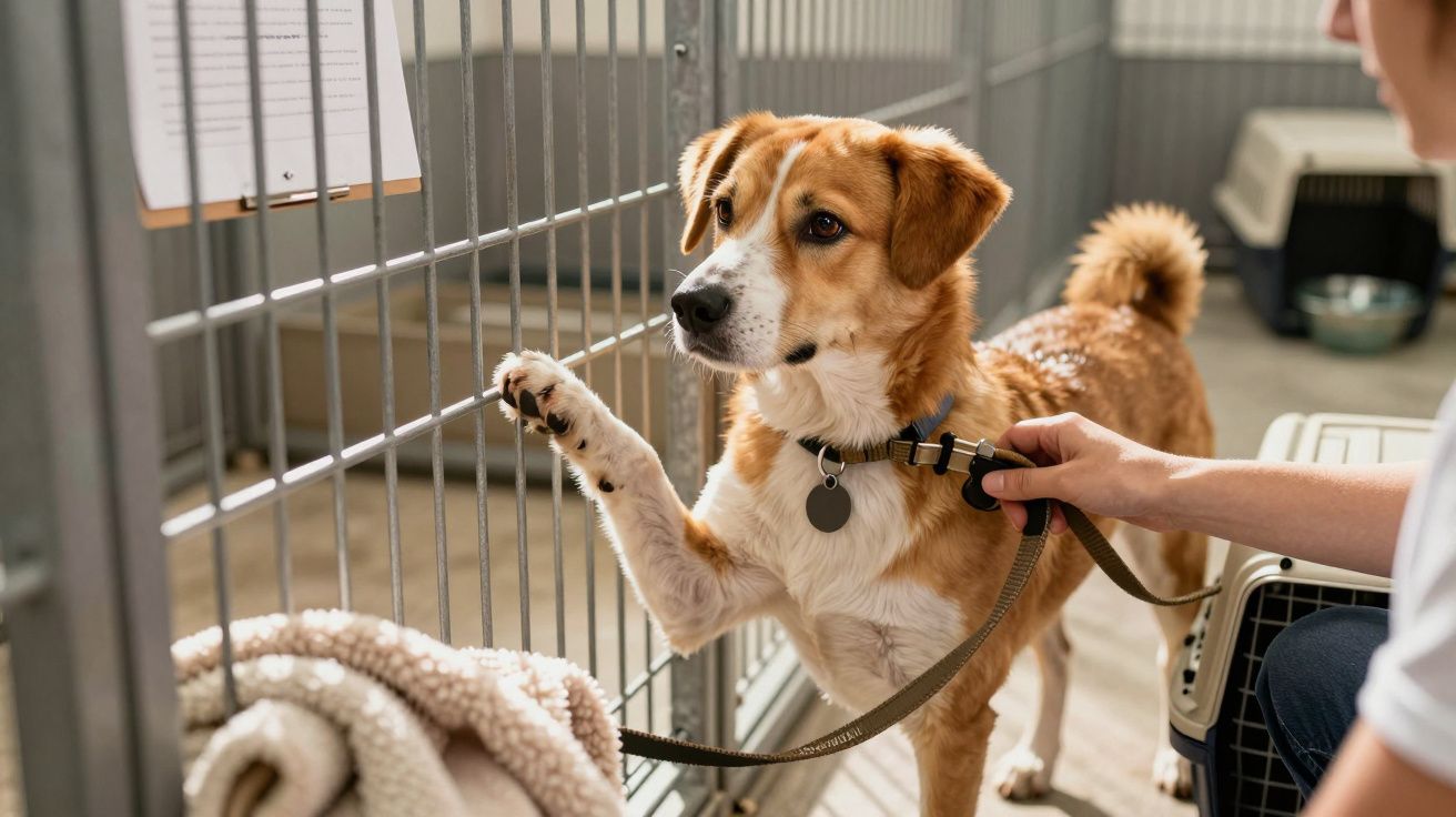 Cão castanho e branco com coleira numa jaula, patinha na grade, enquanto pessoa segura trela ao lado.