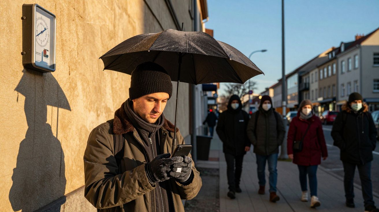 Homem em pé na rua com chapéu-de-chuva aberto, usando luvas e ténis, olhando para o telemóvel sob luz do sol.