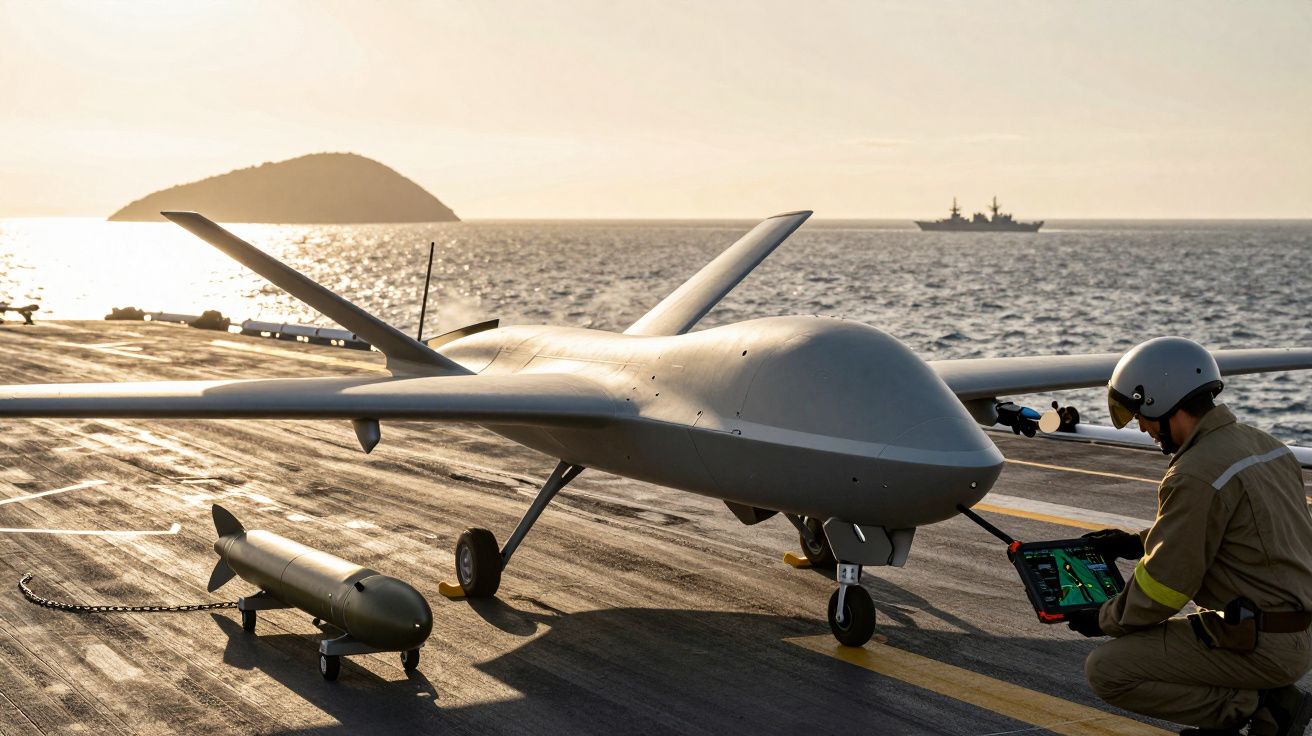 Drone em porta-aviões com operador. Navio ao fundo e ilha ao longe, mar ao entardecer.