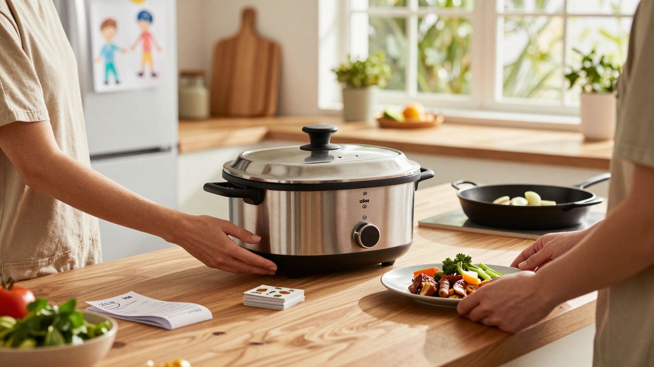 Pessoa colocando um prato de comida ao lado de uma panela elétrica em cima da bancada de uma cozinha iluminada.