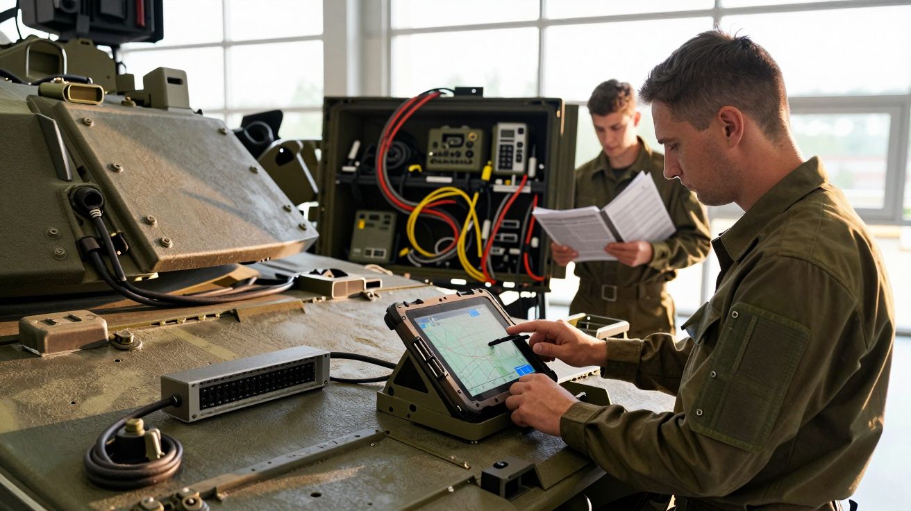 Dois militares operam dispositivos eletrónicos num veículo blindado numa garagem bem iluminada.