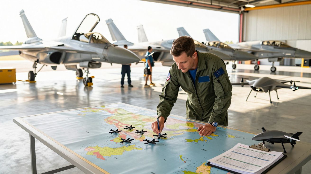 Piloto de uniforme verde analisa mapa com miniaturas de aviões numa base aérea; aviões estacionados ao fundo.