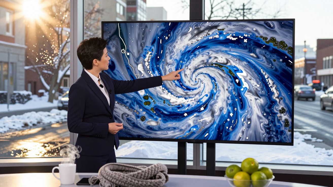 Meteorologista aponta para ciclone num ecrã numa sala envidraçada com neve lá fora.