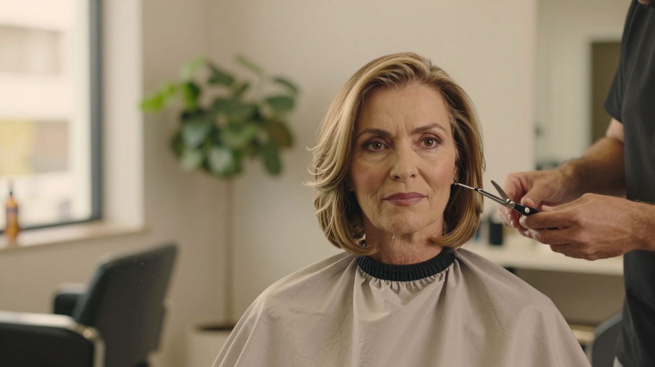 Mulher de cabelo curto num salão de cabeleireiro, sentada, enquanto cabeleireiro corta seu cabelo com tesoura.