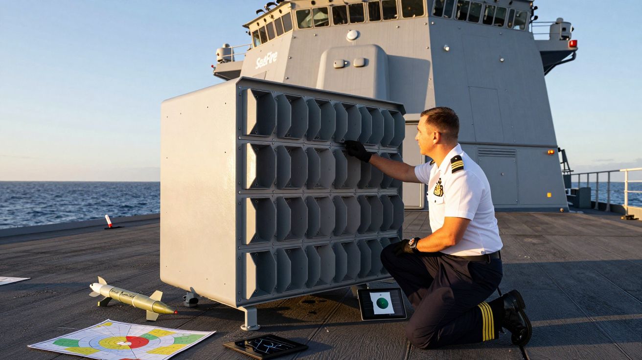 Oficial naval inspeciona sistema de lançamento de mísseis num navio em pleno mar, com gráficos no chão.