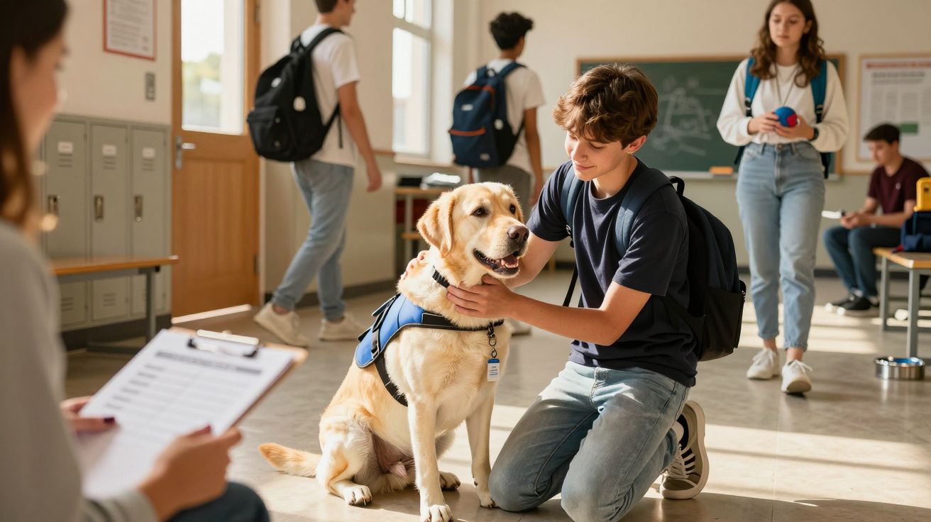 Jovem ajoelhado acaricia cão-guia em ambiente escolar, enquanto outros alunos caminham ao fundo.