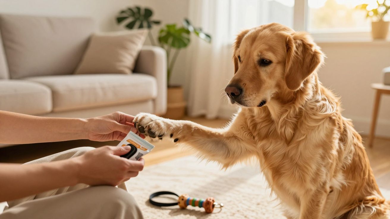 Cão dá a pata a uma pessoa que segura um petisco, num ambiente de sala com brinquedos e sofá bege ao fundo.
