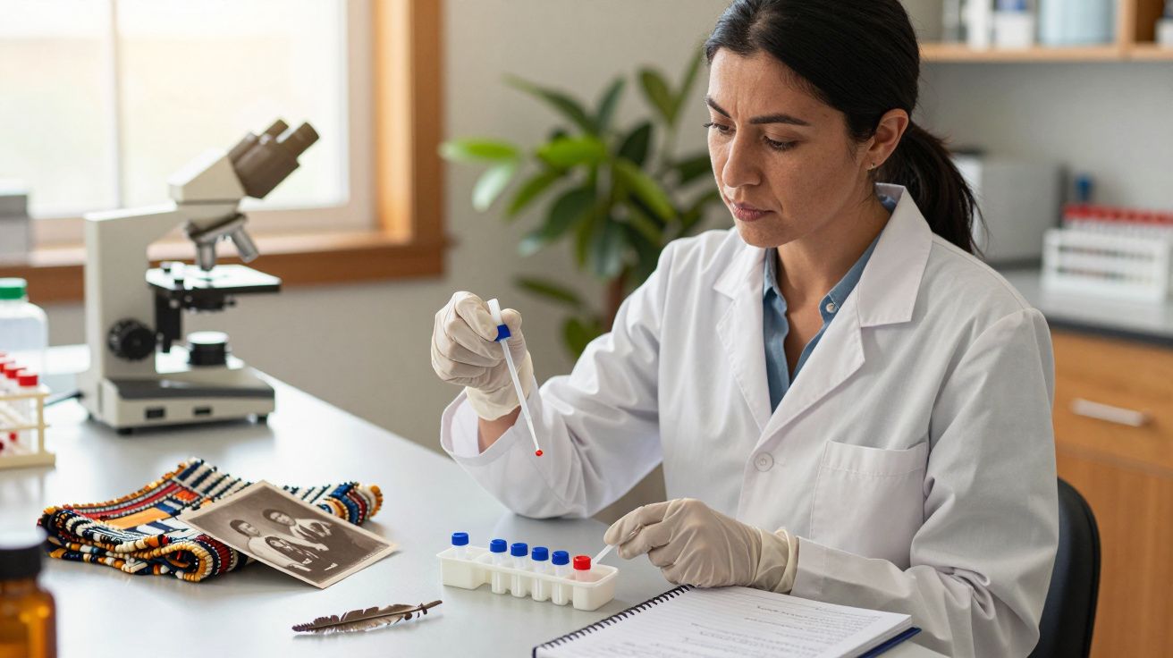 Cientista em laboratório analisando amostras com micropipeta, com microscópio e fotografia antiga em cima da mesa.