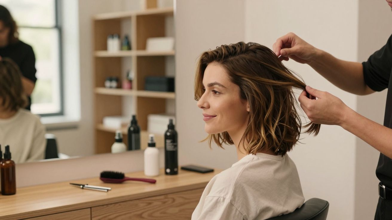 Mulher sorridente num salão de cabeleireiro, com cabelo a ser ajustado por cabeleireiro em frente a espelho.