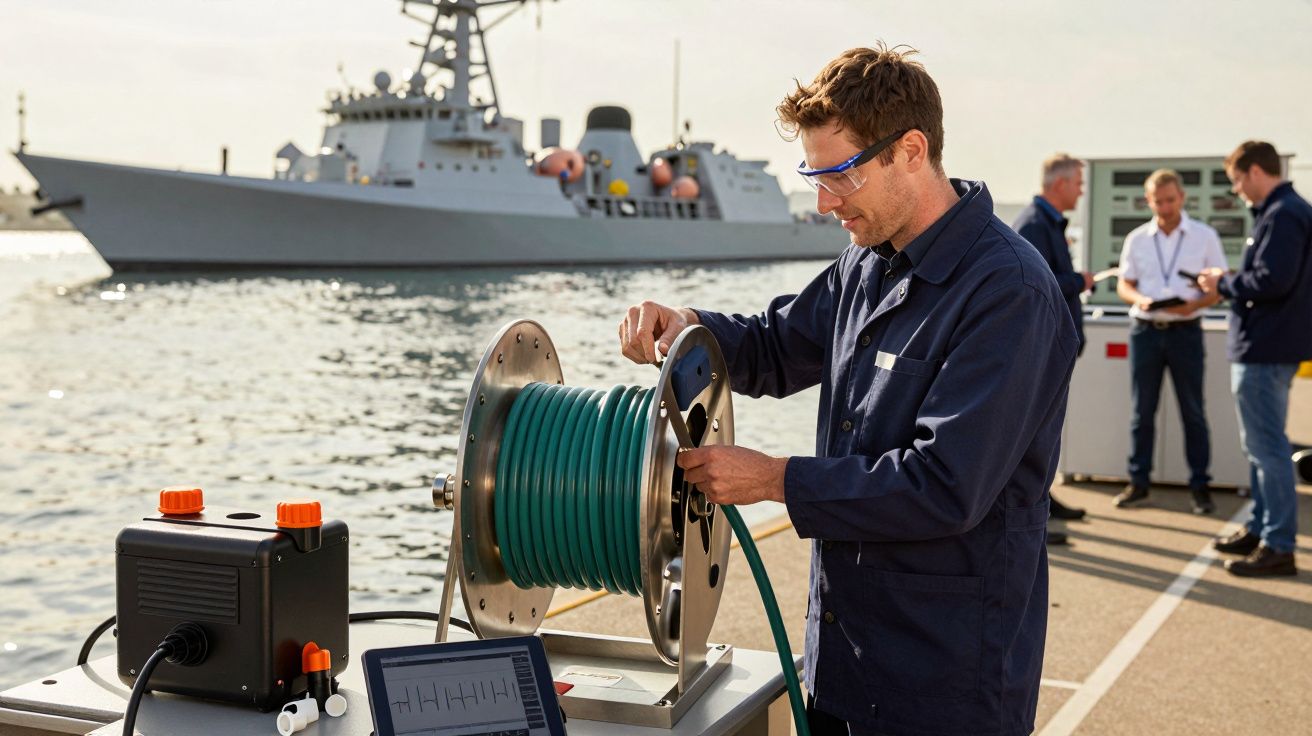 Homem ajusta equipamento junto a um cabo num cais, com navio de guerra ao fundo.