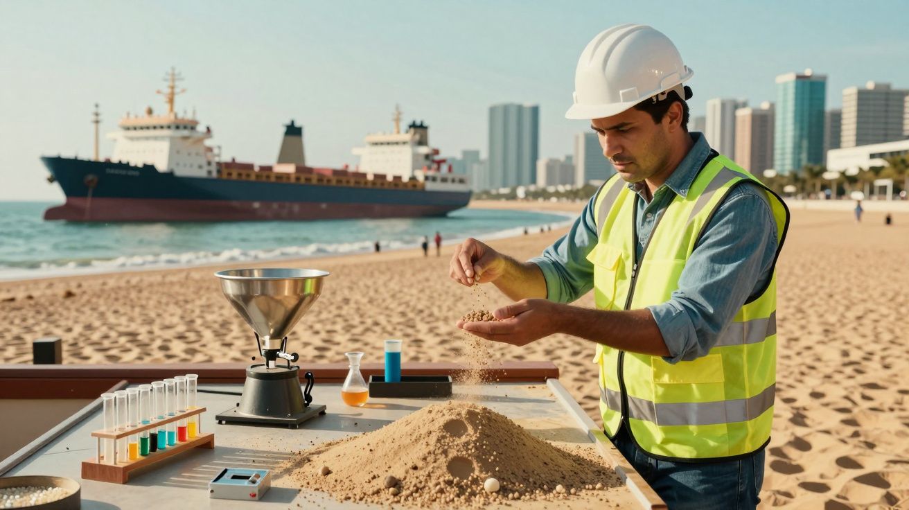 Homem com capacete e colete reflete, analisando areia na praia, com navio e cidade ao fundo.