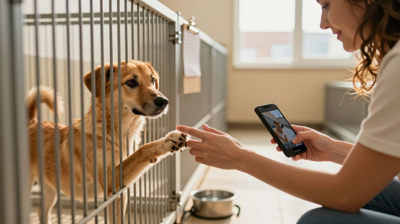 Mulher tira foto de cão num canil, tocando as patas através das grades.