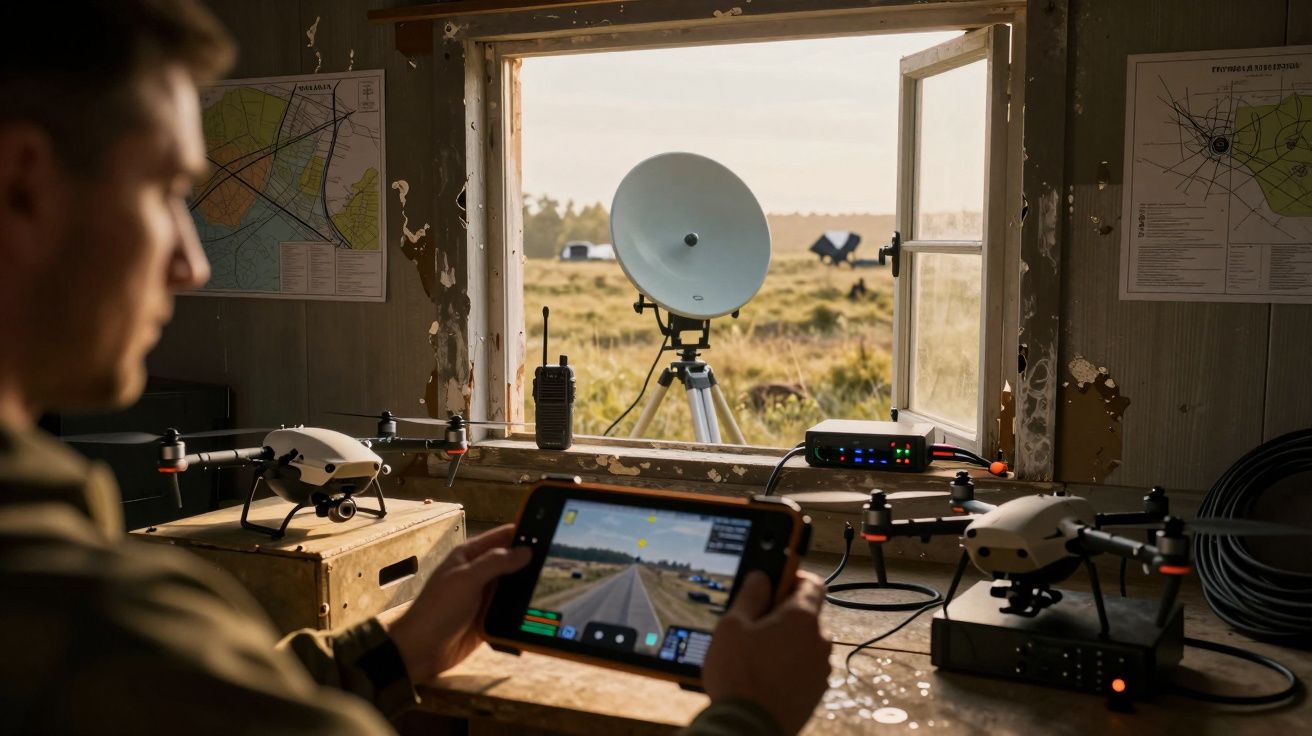 Homem controla drones com tablet numa sala, com antena parabólica e mapas na parede, apontando para o exterior.