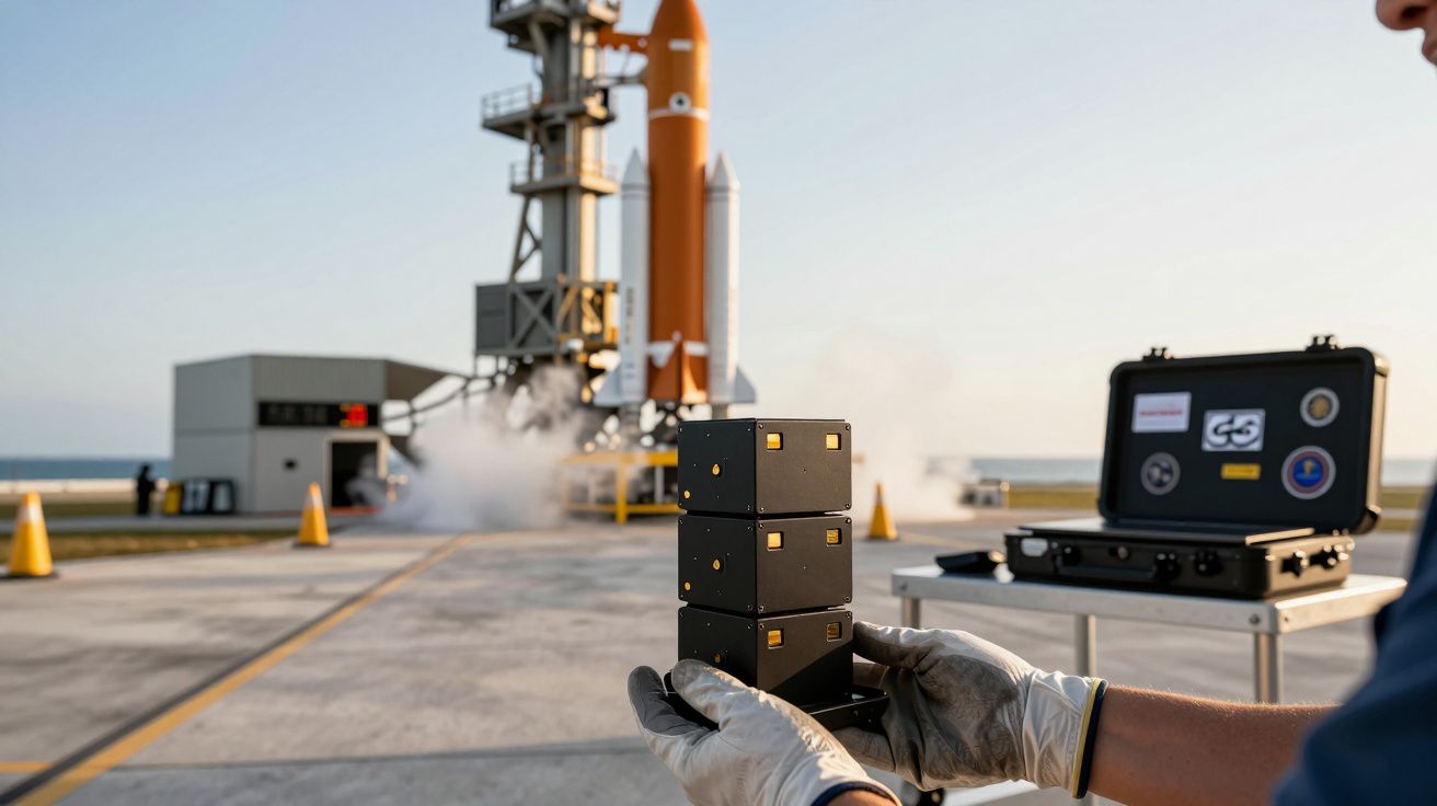 Mãos com luvas seguram cubos pretos em frente a um foguetão na plataforma de lançamento, com uma mala ao lado.
