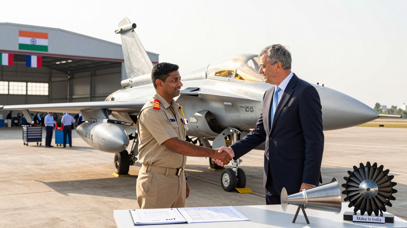 Dois homens apertam as mãos em frente a um avião de combate, com bandeiras da Índia ao fundo.