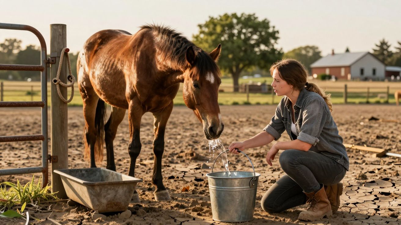 Mulher dando água a um cavalo num campo aberto ao pôr do sol, com estábulos e árvores ao fundo.